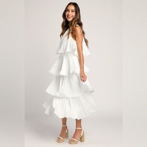 Lulus Tier and Far White Tiered Pleated Halter Midi Dress